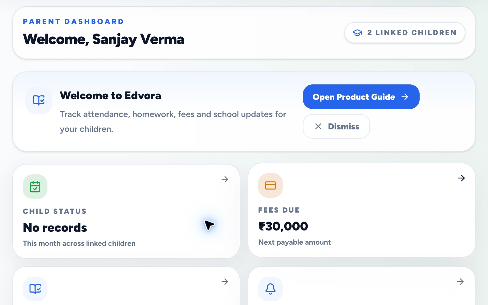 Edvora parent workspace showing sample children’s timetables and fee progress (light mode)