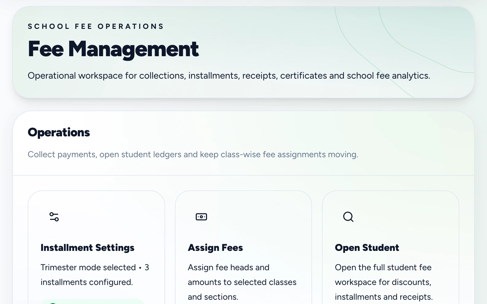 Edvora fee workspace with sample collected totals, outstanding amounts, and recent payments (light mode)