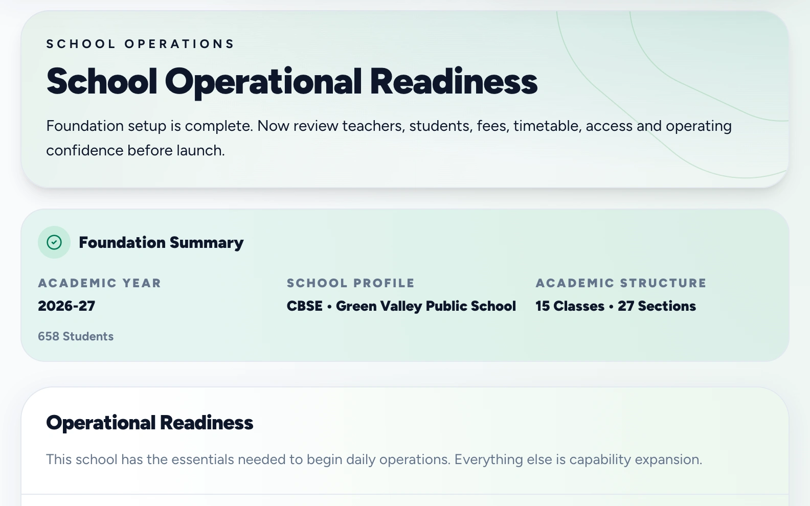 Edvora academic-year preparation workspace showing operational readiness checks (light mode)