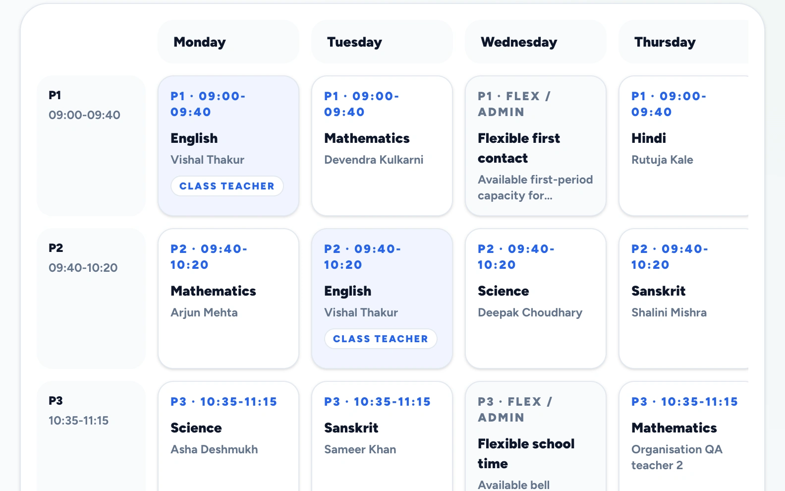 Edvora weekly timetable showing class periods, subjects and teacher assignments (light mode)